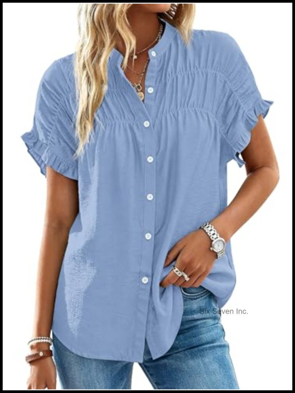 Women's Ruffle Button Down Blouse Short Sleeve Smocked Summer Top